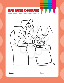 Royalty Free Clipart Image of a Colouring Page of an Older Woman in a Chair With a Cat