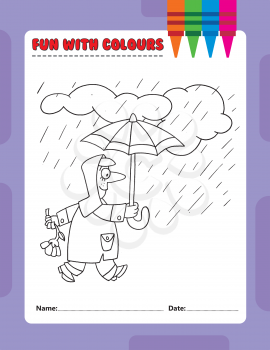 Royalty Free Clipart Image of a Colouring Page of a Person Walking in the Rain