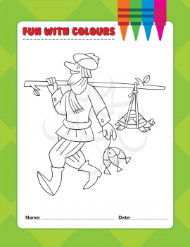 Royalty Free Clipart Image of a Colouring Page of a Man With Fish and a Turtle