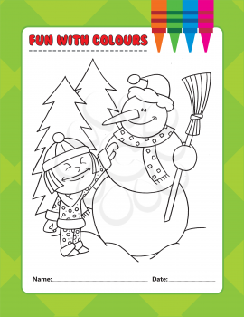 Royalty Free Clipart Image of a Colouring Page of a Little Girl and Snowman