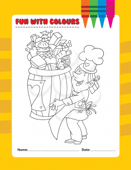 Royalty Free Clipart Image of a Colouring Page of a Chef With Food