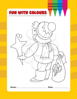 Royalty Free Clipart Image of a Christmas Colouring Page With a Child Holding Decorations