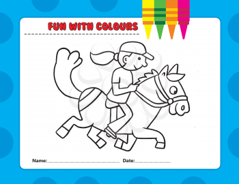 Royalty Free Clipart Image of a Colouring Page of a Girl Riding a Horse
