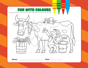 Royalty Free Clipart Image of a Colouring Page of a Man Milking a Cow