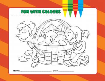 Royalty Free Clipart Image of a Colouring Page of a Children With Apples