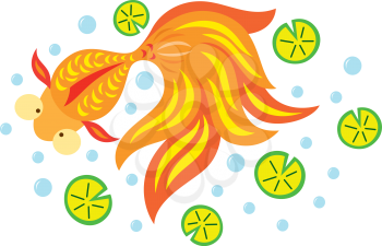 Royalty Free Clipart Image of a Goldfish Swimming in a Pond