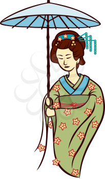 Royalty Free Clipart Image of a Geisha Holding an Umbrella