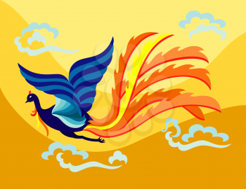 Royalty Free Clipart Image of an Oriental Phoenix Flying