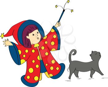 Royalty Free Clipart Image of a Wizard Girl With a Cat