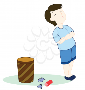 Royalty Free Clipart Image of a Boy With Garbage on the Floor Beside the Trash Can