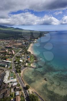 Royalty Free Photo of an Aerial of Maui, Hawaii Coastline With Beach, Road and Buildings