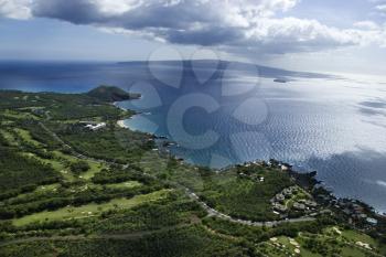 Royalty Free Photo of an Aerial of Coastline With Pacific Ocean With Island in Maui, Hawaii