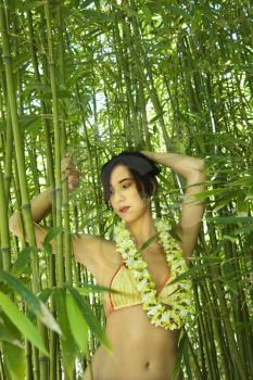 Royalty Free Photo of a Woman Standing in a Bamboo Forest Wearing a Bikini and Lei
