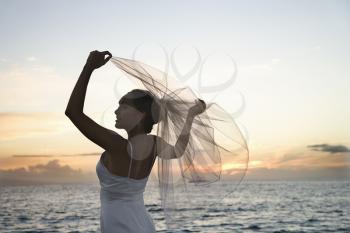 Royalty Free Photo of Young Bride Holding Out Her Veil on a Beach