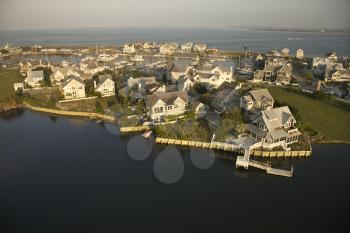 Aerial view of houses and ocean at Bald Head Island, North Carolina.