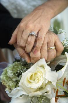 Royalty Free Photo of a Close-up Image of a Bride and Groom's Hands Overlapping