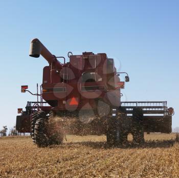 Royalty Free Photo of the Back View of Combine Harvesting Soybeans