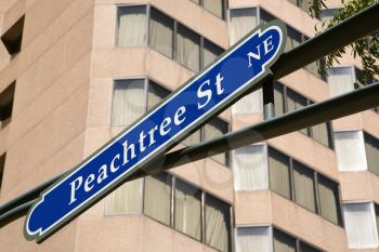 Royalty Free Photo of a Road Sign for Peachtree Street in Downtown Atlanta, Georgia