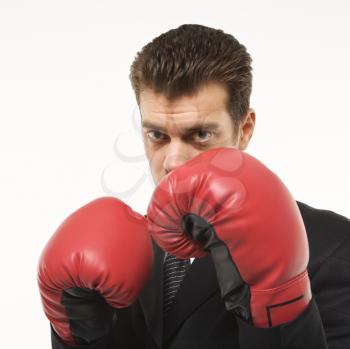 Royalty Free Photo of a Man Wearing a Suit and Boxing Gloves
