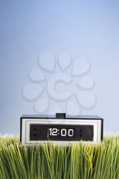 Royalty Free Photo of a Studio Shot of a Retro Alarm Clock Placed in the Grass