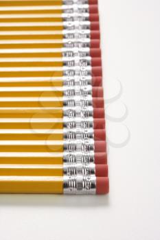 Royalty Free Photo of Eraser Ends of a Group of Pencils Lined Up in an Even Row