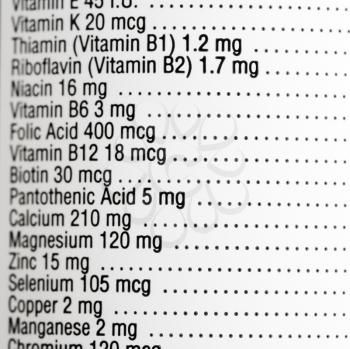 Royalty Free Photo of a Close-up of a Supplement Label With Amount of Vitamins