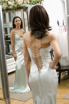 Royalty Free Photo of an Attractive Woman Wearing an Evening Gown Looking in the Mirror