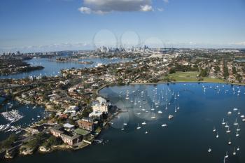 Royalty Free Photo of an Aerial View of Boats and Duildings in Sydney, Australia from Five Dock Bay in Drummoyne