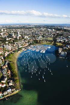 Royalty Free Photo of an Aerial View of Buildings and Boats in Rushcutters Bay, Australia