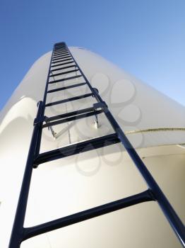 Royalty Free Photo of a Metal Grain Storage Silo With a Ladder Ascending to the Top