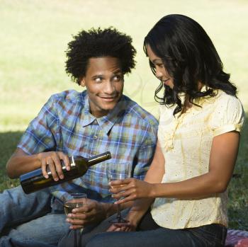 Royalty Free Photo of a Man Pouring a Woman a Glass of Wine While Sitting on a Picnic Blanket in the Park