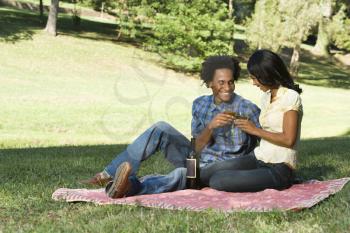 Royalty Free Photo of a Couple Having a Romantic Picnic in a Park Toasting Wine