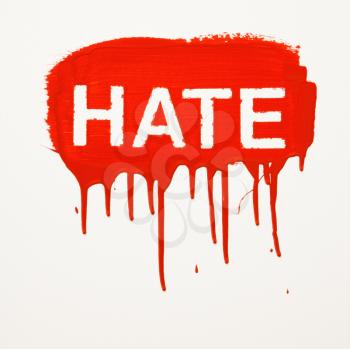 Royalty Free Photo of Hate Painted on a Wall in Red with Drippings