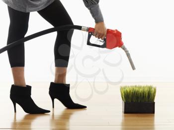 Royalty Free Photo of a Woman Holding a Gasoline Pump Nozzle Over Green Grass