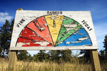 Low angle view of weathered sign charting the level of fire danger. Horizontal shot.