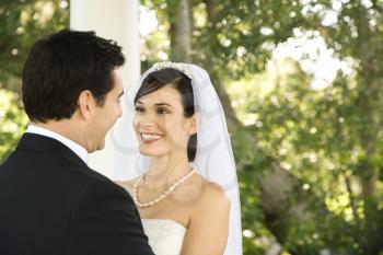 Smiling newlyweds gaze into each others eyes. Horizontal shot.