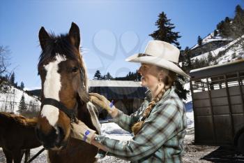 Attractive young woman wearing a cowboy hat and grooming a horse. Horizontal shot.