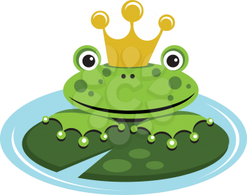 Royalty Free Clipart Image of a Frog Wearing a Crown in a Pond on a Lily Pad