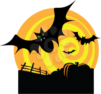 Royalty Free Clipart Image of Bats Flying Over a Pumpkin Patch