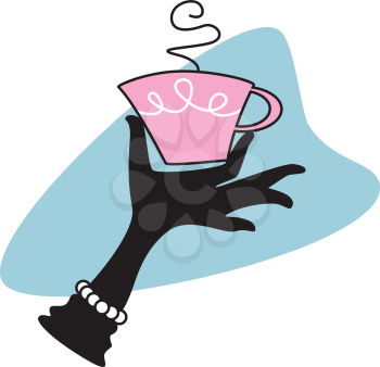 Royalty Free Clipart Image of a Lady's Gloved Hand Holding a Cup of Coffee