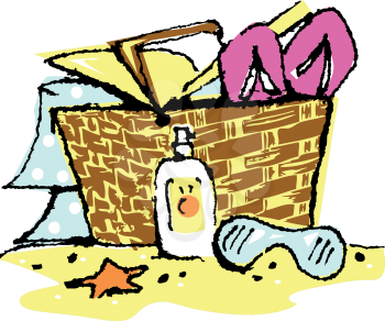 Royalty Free Clipart Image of a Picnic Basket with Beach Apparel