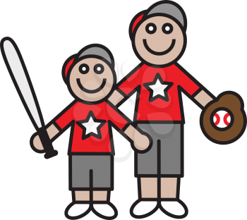 Royalty Free Clipart Image of a Father and Son with Baseball Equipment