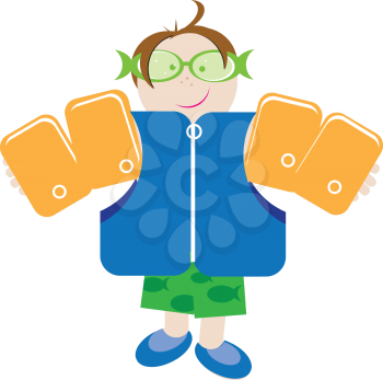 Royalty Free Clipart Image of a Boy Wearing a Life Jacket and Water Wings