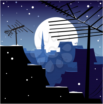 Royalty Free Clipart Image of a Nighttime Rooftop Scene