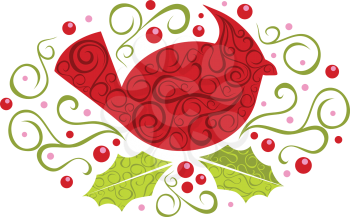 Royalty Free Clipart Image of A Christmas Cardinal With An Oval Of Holly And Ivy
