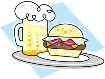 Royalty Free Clipart Image of a Burger and Beer