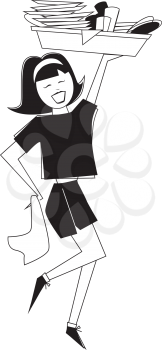 Royalty Free Clipart Image of a Girl With a Tray of Dirty Dishes