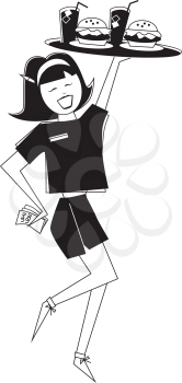 Royalty Free Clipart Image of a Girl With a Tray of Burgers and Drinks