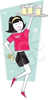 Royalty Free Clipart Image of a Waitress With a Tray of Beer