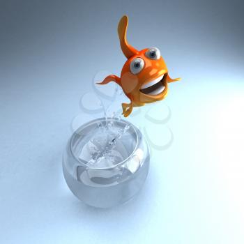 Royalty Free Clipart Image of a Fish Jumping Out of a Fishbowl